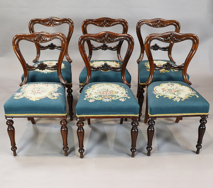Set of Six Rosewood Dining Chairs with Needlework Seat