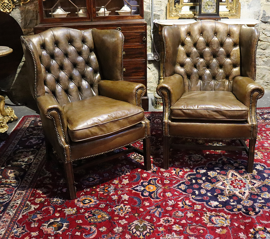 Pair of Leather Deep-buttoned Wingback Chairs| Antique ...