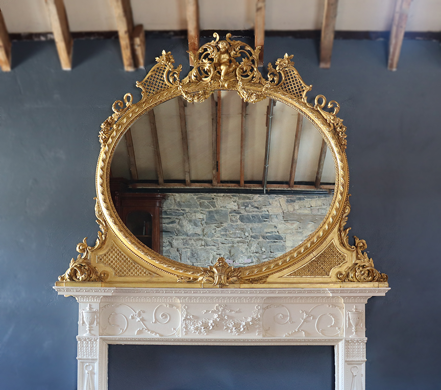 Oval Victorian Overmantle Mirror with Cherub